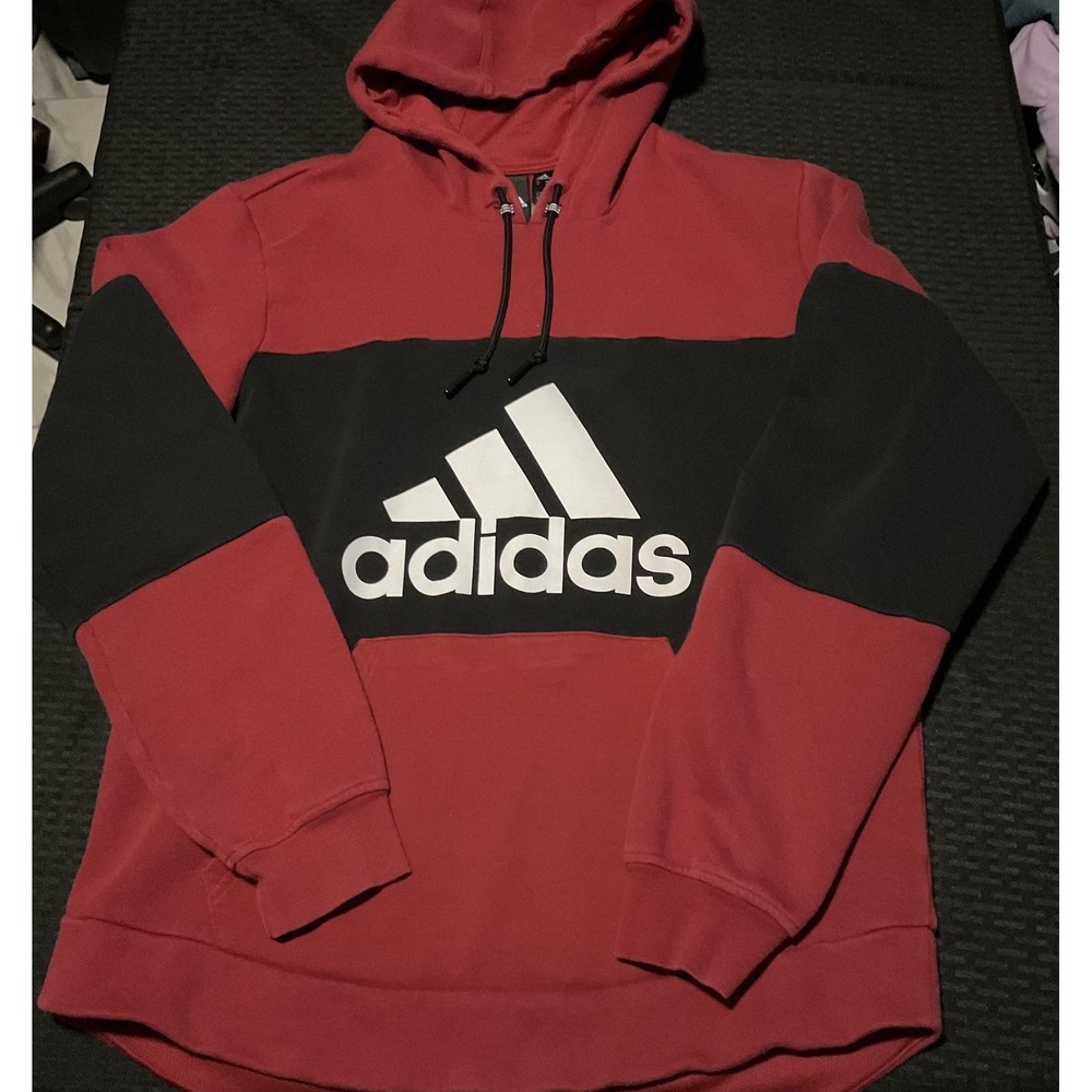 Adidas Hoodie Mens Medium Red Black Logo Pullover Sweatshirt Fleece Athletic